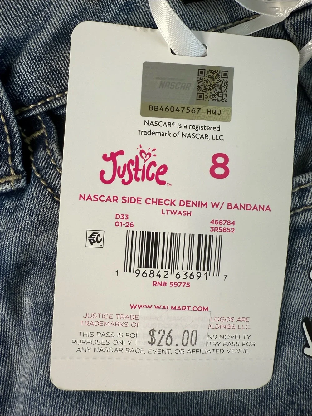 NASCAR Justice Girls’ Denim Jeans w/ Bandana — Size 8 — NWT